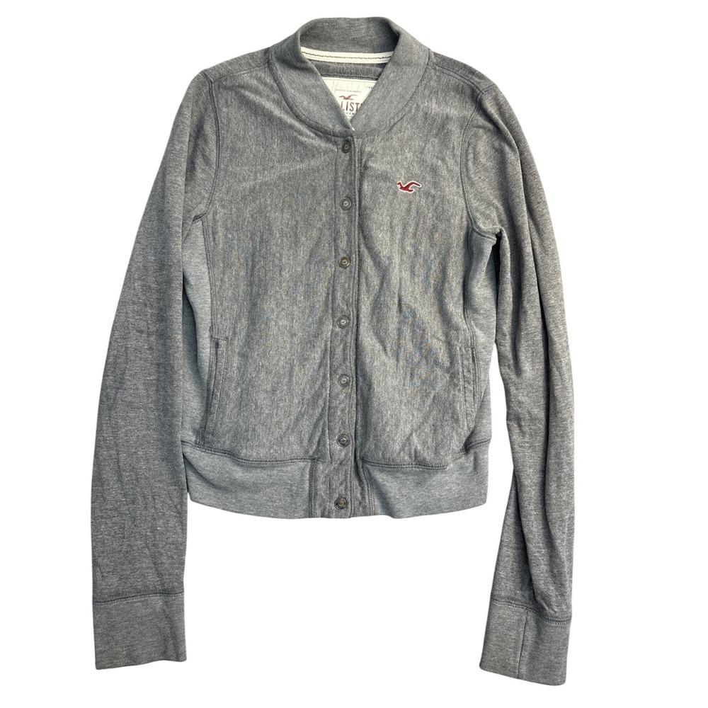 Hollister Gray Button Front Bomber Sweatshirt Jacket Womens Large Logo Fleece